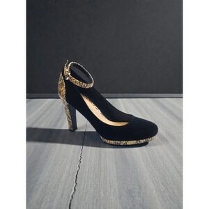 Franco Sarto Breeze Black Suede Snakeskin Platform Ankle Strap Heels 7.5M